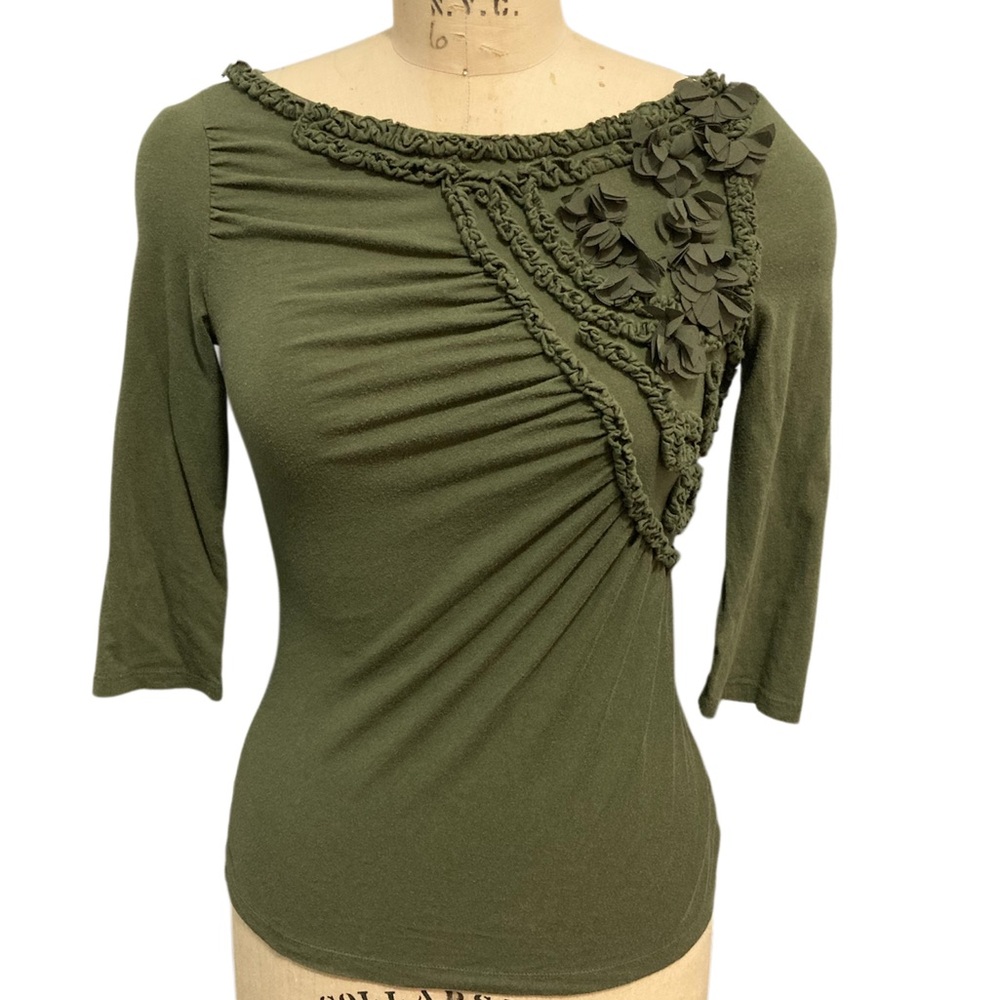 Anthropologie Deletta Olive Green Ruched Blouse XS